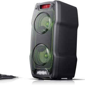 SHARP PS-929 180W High Power Portable Party Speaker Hi-Fi System with Built in Rechargeable Bat., Flashing Disco Lights & Strobe, TWS, Bluetooth, USB, Aux & Microphone – Black